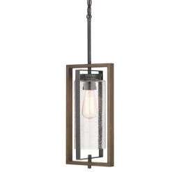 Palermo Grove 8 in. 1-Light Gilded Iron Farmhouse Hanging Outdoor Lantern with Walnut Wood Accents by Home Decorators Collection
