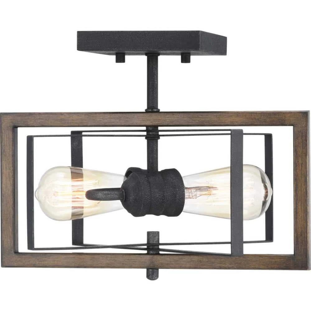 Palermo Grove 2-Light Gilded Iron Semi-Flush Mount, Rustic Farmhouse Ceiling Light with Walnut Wood Accents by Home Decorators Collection 11 Palermo Grove 2-Light Gilded Iron Semi-Flush Mount, Rustic Farmhouse Ceiling Light with Walnut Wood Accents by Home Decorators Collection - Image 9
