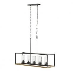 Ellena 5-Light Matte Black and Maple Tone Outdoor Pendant Island Light with Seedy Glass by Home Decorators Collection