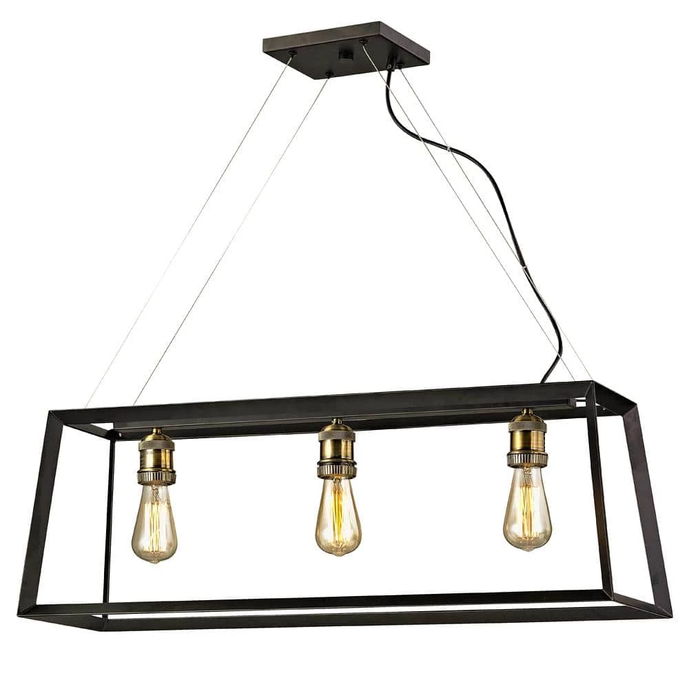 Walden Forge 3-Light Black Frame Linear Island Pendant with Antique Brass Sockets by Home Decorators Collection 3 Walden Forge 3-Light Black Frame Linear Island Pendant with Antique Brass Sockets by Home Decorators Collection