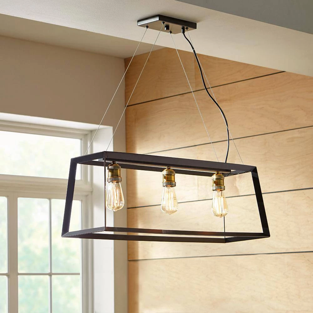 Walden Forge 3-Light Black Frame Linear Island Pendant with Antique Brass Sockets by Home Decorators Collection 4 Walden Forge 3-Light Black Frame Linear Island Pendant with Antique Brass Sockets by Home Decorators Collection - Image 2