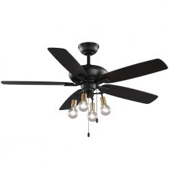 52 in. Bay City Indoor LED Matte Black with Brass Accents Dry Rated Ceiling Fan with Light Kit and 5 Reversible Blades by Home Decorators Collection