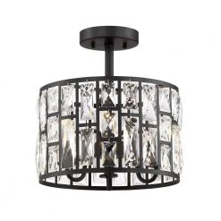 Kristella 12.5 in. 3-Light Matte Black Semi Flush Mount Light with Clear Crystal Shade by Home Decorators Collection