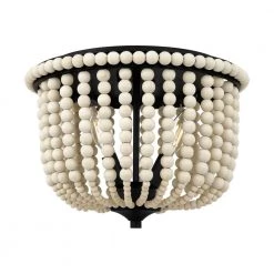 Harpswell 13 in. 2-Light Matte Black Flush Mount with Wood Beads Shade by Home Decorators Collection