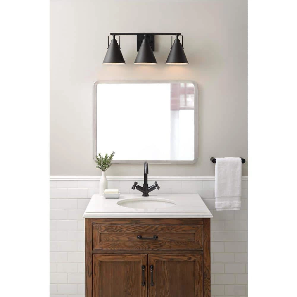 Insdale 3-Light Matte Black Modern Industrial Bathroom Vanity Light with Metal Shades by Home Decorators Collection 4 Insdale 3-Light Matte Black Modern Industrial Bathroom Vanity Light with Metal Shades by Home Decorators Collection - Image 2