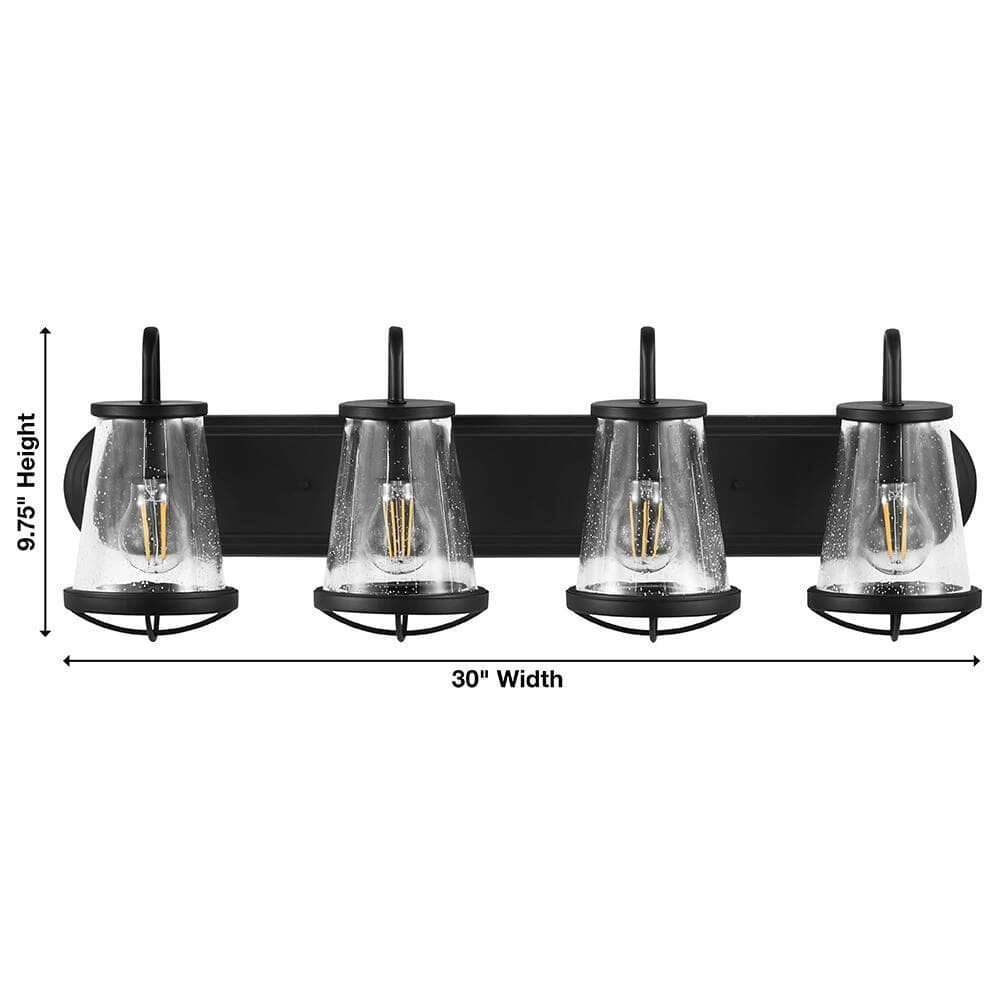 Georgina 30 in. 4-Light Matte Black Industrial Bathroom Vanity Light with Clear Seeded Glass Shades by Home Decorators Collection 13 Georgina 30 in. 4-Light Matte Black Industrial Bathroom Vanity Light with Clear Seeded Glass Shades by Home Decorators Collection - Image 11
