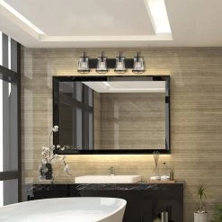 Georgina 30 in. 4-Light Matte Black Industrial Bathroom Vanity Light with Clear Seeded Glass Shades by Home Decorators Collection 15 Georgina 30 in. 4-Light Matte Black Industrial Bathroom Vanity Light with Clear Seeded Glass Shades by Home Decorators Collection -Outlet Home Decorators Collection Store matte black home decorators collection vanity lighting hb2584 43 40 1000