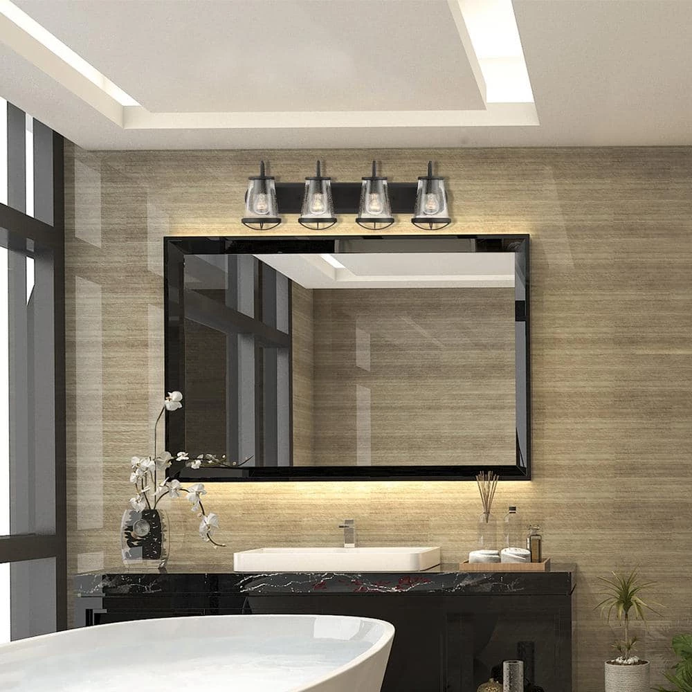 Georgina 30 in. 4-Light Matte Black Industrial Bathroom Vanity Light with Clear Seeded Glass Shades by Home Decorators Collection 5 Georgina 30 in. 4-Light Matte Black Industrial Bathroom Vanity Light with Clear Seeded Glass Shades by Home Decorators Collection - Image 3