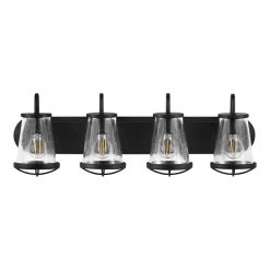 Georgina 30 in. 4-Light Matte Black Industrial Bathroom Vanity Light with Clear Seeded Glass Shades by Home Decorators Collection
