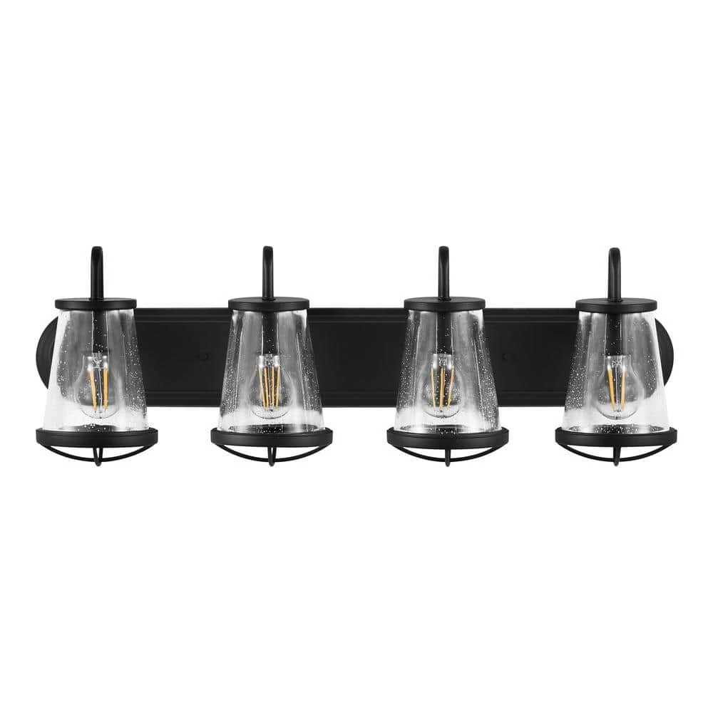 Georgina 30 in. 4-Light Matte Black Industrial Bathroom Vanity Light with Clear Seeded Glass Shades by Home Decorators Collection 3 Georgina 30 in. 4-Light Matte Black Industrial Bathroom Vanity Light with Clear Seeded Glass Shades by Home Decorators Collection