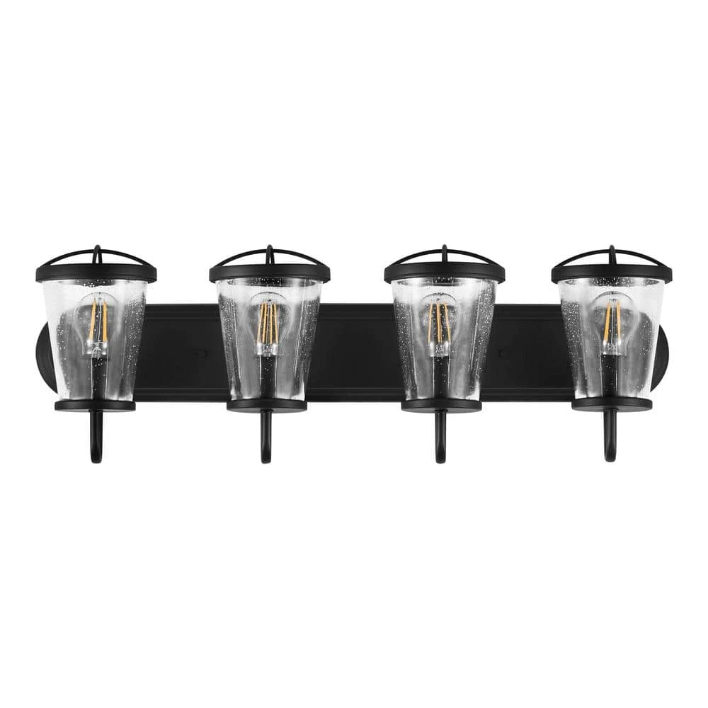 Georgina 30 in. 4-Light Matte Black Industrial Bathroom Vanity Light with Clear Seeded Glass Shades by Home Decorators Collection 10 Georgina 30 in. 4-Light Matte Black Industrial Bathroom Vanity Light with Clear Seeded Glass Shades by Home Decorators Collection - Image 8