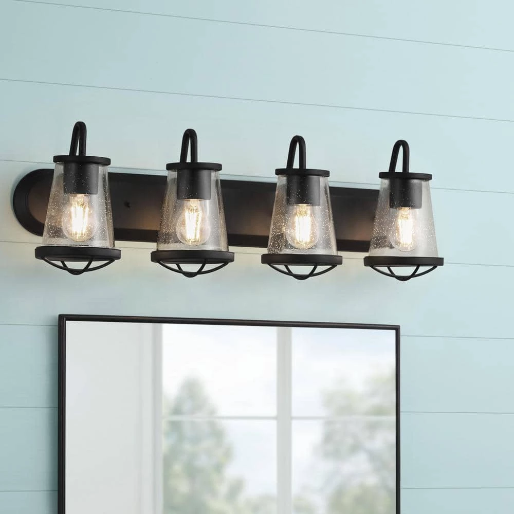 Georgina 30 in. 4-Light Matte Black Industrial Bathroom Vanity Light with Clear Seeded Glass Shades by Home Decorators Collection 4 Georgina 30 in. 4-Light Matte Black Industrial Bathroom Vanity Light with Clear Seeded Glass Shades by Home Decorators Collection - Image 2