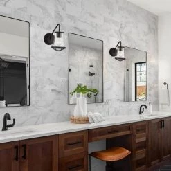 Georgina 5.75 in. 1-Light Matte Black Industrial Wall Mount Sconce Light with Clear Seeded Glass Shade by Home Decorators Collection -Outlet Home Decorators Collection Store matte black home decorators collection vanity lighting hb2627 43 40 1000