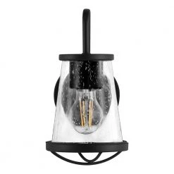 Georgina 5.75 in. 1-Light Matte Black Industrial Wall Mount Sconce Light with Clear Seeded Glass Shade by Home Decorators Collection