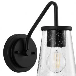 Georgina 5.75 in. 1-Light Matte Black Industrial Wall Mount Sconce Light with Clear Seeded Glass Shade by Home Decorators Collection -Outlet Home Decorators Collection Store matte black home decorators collection vanity lighting hb2627 43 66 1000