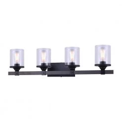 Tyson 4-Light Matte Black and Faux Wood Vanity Light with Clear Glass Shades by Home Decorators Collection -Outlet Home Decorators Collection Store matte black home decorators collection vanity lighting w597b04bkw 44 1000