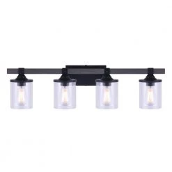 Tyson 4-Light Matte Black and Faux Wood Vanity Light with Clear Glass Shades by Home Decorators Collection -Outlet Home Decorators Collection Store matte black home decorators collection vanity lighting w597b04bkw 4f 1000