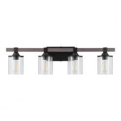 Tyson 4-Light Matte Black and Faux Wood Vanity Light with Clear Glass Shades by Home Decorators Collection -Outlet Home Decorators Collection Store matte black home decorators collection vanity lighting w597b04bkw 66 1000