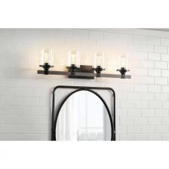 Tyson 4-Light Matte Black and Faux Wood Vanity Light with Clear Glass Shades by Home Decorators Collection -Outlet Home Decorators Collection Store matte black home decorators collection vanity lighting w597b04bkw e1 1000