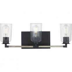 Walsh 24 in. 3-Light Matte Black Rustic Farmhouse Bathroom Vanity Light with Bleached Oak Accents and Clear Glass Shades by Home Decorators Collection -Outlet Home Decorators Collection Store matte black with bleached oak home decorators collection vanity lighting 1025hdcmbdi 4f 1000