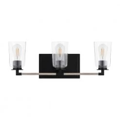 Walsh 24 in. 3-Light Matte Black Rustic Farmhouse Bathroom Vanity Light with Bleached Oak Accents and Clear Glass Shades by Home Decorators Collection