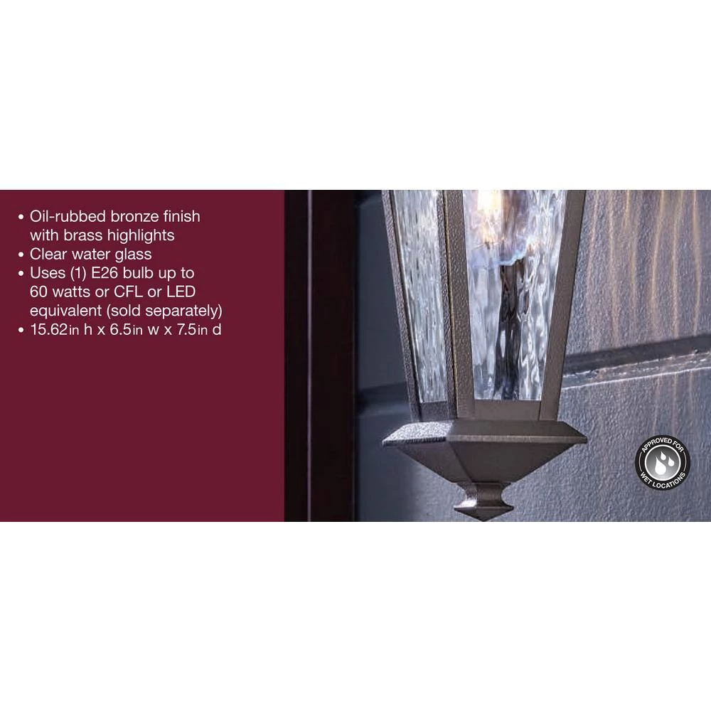1-Light Oil Rubbed Bronze with Gold Highlights Outdoor 6.5 in. Wall Lantern Sconce with Clear Water Glass by Home Decorators Collection 8 1-Light Oil Rubbed Bronze with Gold Highlights Outdoor 6.5 in. Wall Lantern Sconce with Clear Water Glass by Home Decorators Collection - Image 6