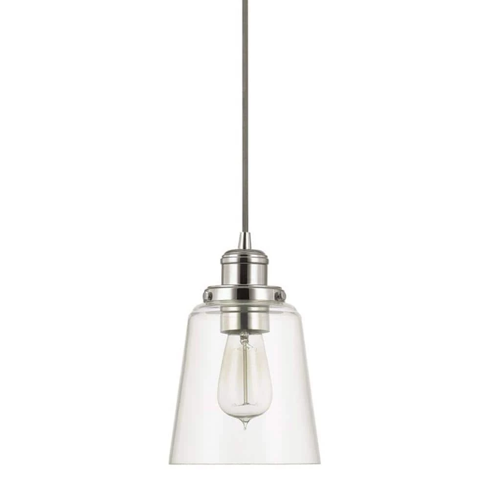 Melton 1-Light Polished Nickel Pendant with Clear Glass Shade and Silver Cord by Home Decorators Collection 3 Melton 1-Light Polished Nickel Pendant with Clear Glass Shade and Silver Cord by Home Decorators Collection