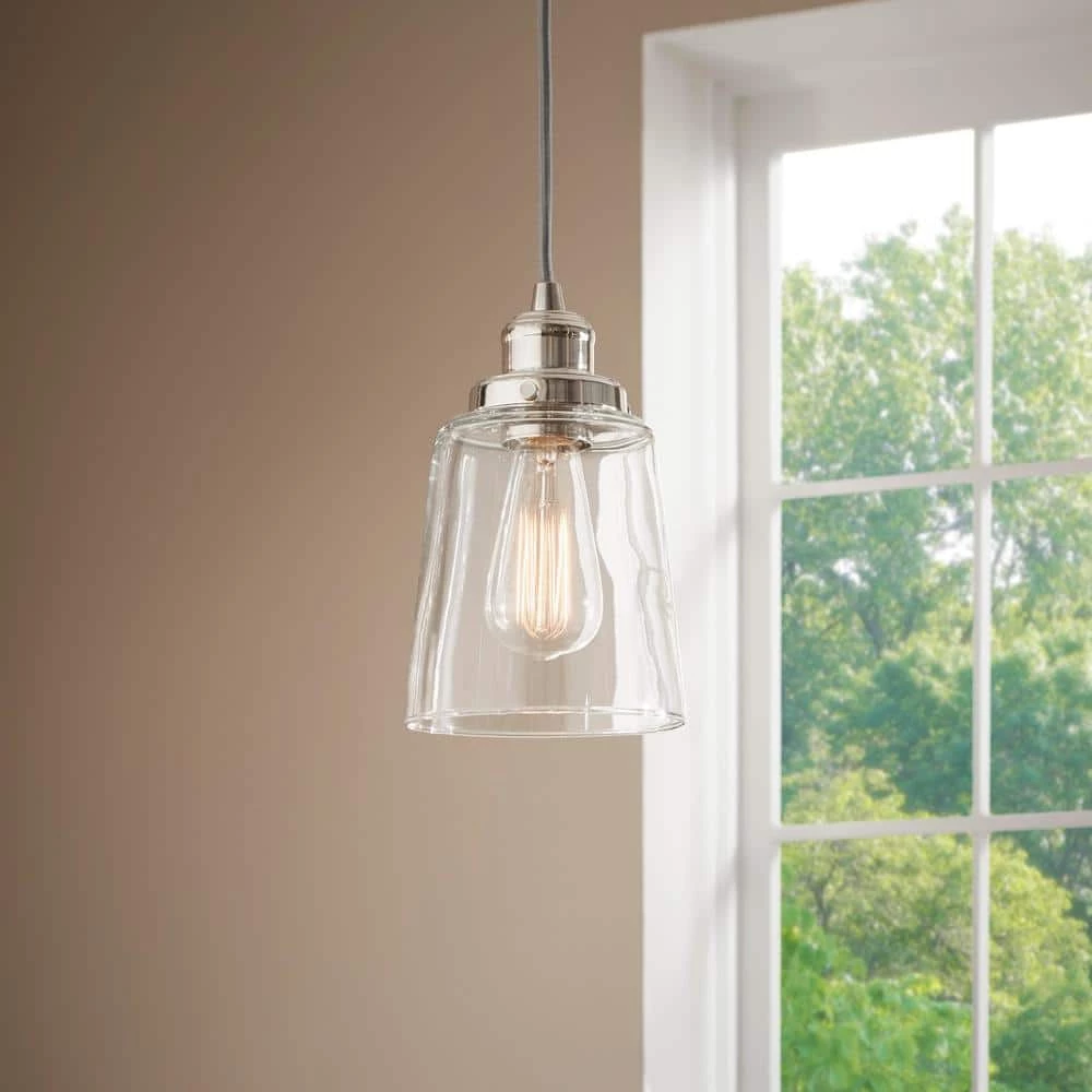 Melton 1-Light Polished Nickel Pendant with Clear Glass Shade and Silver Cord by Home Decorators Collection 6 Melton 1-Light Polished Nickel Pendant with Clear Glass Shade and Silver Cord by Home Decorators Collection - Image 4